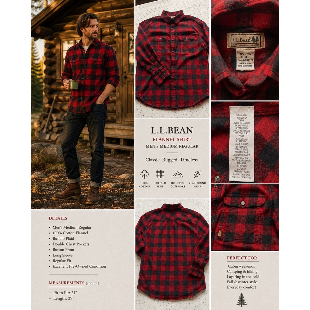 LL Bean Mens Flannel Shirt Medium Red Navy Buffalo Plaid Cotton 285277 Regular